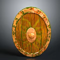 Medieval Wooden Shield With Decorative Ornate Edges Central Metal Boss Green And Orange Patterns