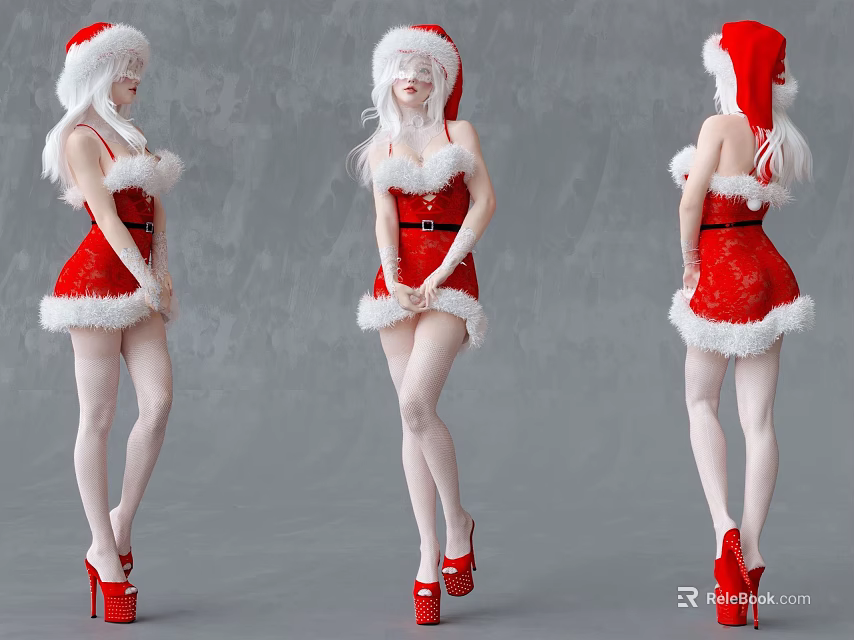 Woman Wearing Red Santa Dress With White Fur Trim Long White Hair And Red Heels 3d model 