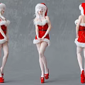 Woman Wearing Red Santa Dress With White Fur Trim Long White Hair And Red Heels