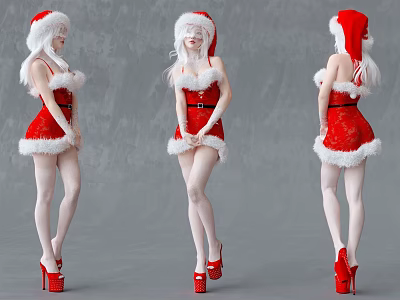 Woman Wearing Red Santa Dress With White Fur Trim Long White Hair And Red Heels 3d model