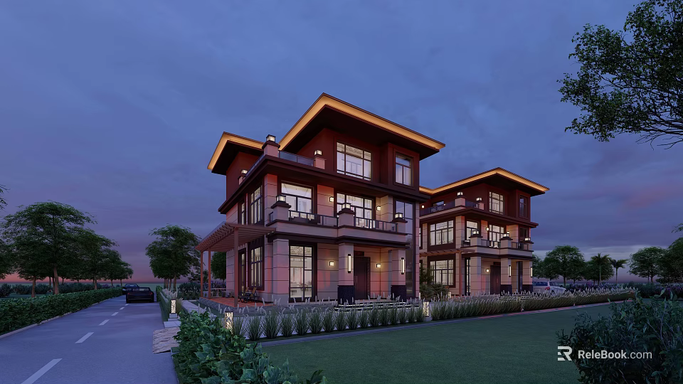 Modern Duplex Villa Two Story Exterior With Lawn Driveway And Balcony Lighting 3d model 