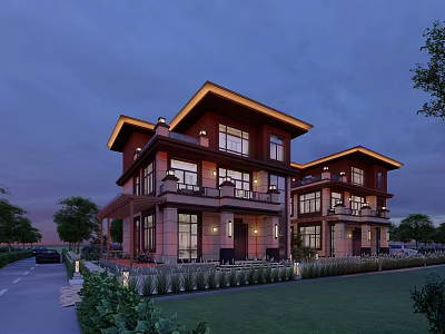 Modern Duplex Villa Two Story Exterior With Lawn Driveway And Balcony Lighting 3d model