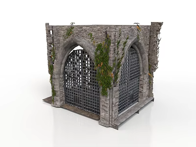 Ancient Stone Building With Arched Doorways Iron Grilles And Climbing Vines 3d model