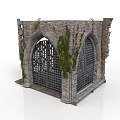 Ancient Stone Building With Arched Doorways Iron Grilles And Climbing Vines
