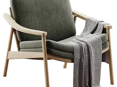 Modern Comfortable Green Accent Chair with Wooden Armrests and Gray Blanket 3d model