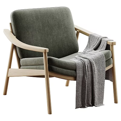 Modern Comfortable Green Accent Chair with Wooden Armrests and Gray Blanket 3d model