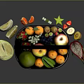 Fresh Fruits in Orange Woven Basket with Pears Apples Oranges Lemon Slices and Dragon Fruit