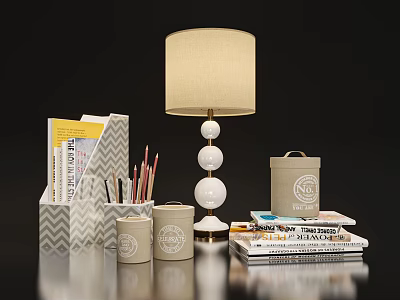 Elegant Ornamental Decor Set Featuring Beige Table Lamp Storage Jars File Organizer And Stationery 3d model