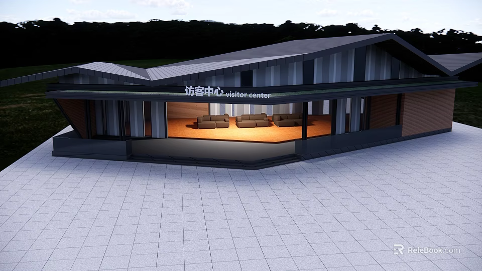 Modern Visitor Center With Glass Facade Waiting Lounge And Contemporary Architecture 3d model 