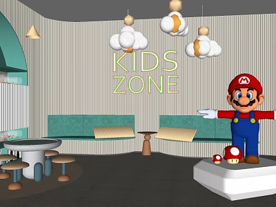 Kids Zone Store Featuring Mario Figure Cloud Shaped Pendant Lights Green Sofas And Round Tables 3d model