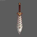 Fantasy Sword With Brown Hilt Golden Accents Green Gemstone And Silver Scaled Blade