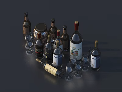 Assorted Wine And Liquor Bottles With Glassware On Dark Surface 3d model