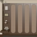 Modern Wooden Wardrobe With Oval Rattan Panels And Side Bookshelf Decor