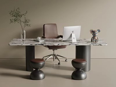 Marble Desk Setup With Brown Leather Chair White Laptop Black Stools And Plant In Vase 3d model