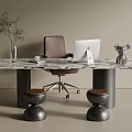 Marble Desk Setup With Brown Leather Chair White Laptop Black Stools And Plant In Vase