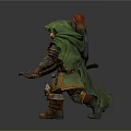 A Man In Green Cloak And Armor Holding Axe And Bow With Feathered Helmet