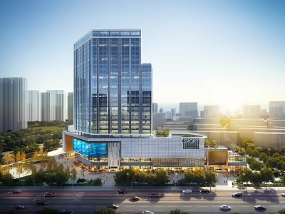 Modern Urban Commercial Complex With Glass Tower And Street View 3d model