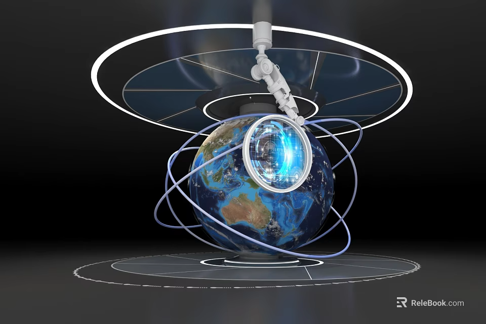 Innovative Art Installation Featuring Globe With Circular Rings And Blue Illumination 3d model 