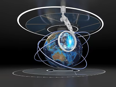 Innovative Art Installation Featuring Globe With Circular Rings And Blue Illumination 3d model