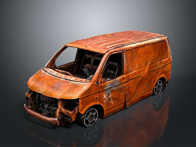 Rusty Abandoned Wrecked Van With Weathered Exterior And Shiny Reflective Surface 3d model