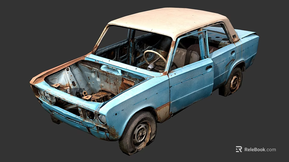 Rusty Blue Vintage Car With Beige Roof And Damaged Exterior Parts 3d model 