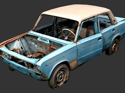 Rusty Blue Vintage Car With Beige Roof And Damaged Exterior Parts 3d model