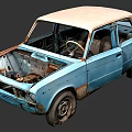 Rusty Blue Vintage Car With Beige Roof And Damaged Exterior Parts