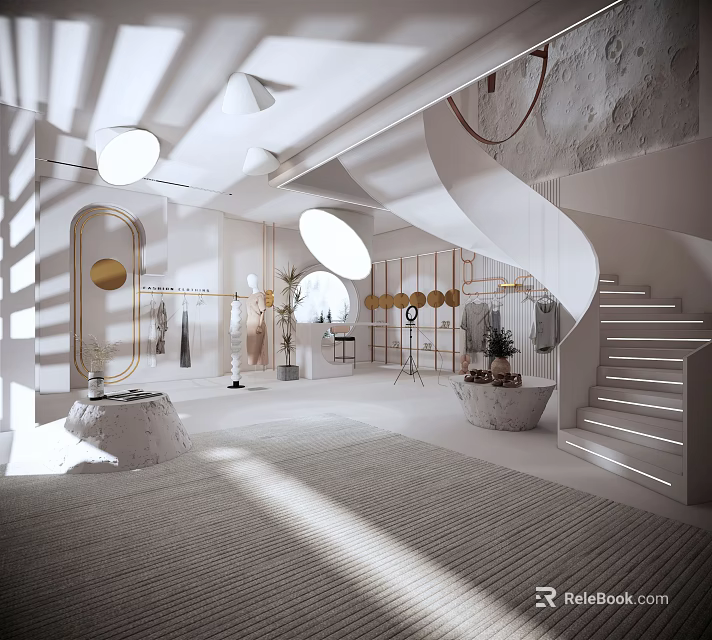 Modern Clothing Store Interior With Spiral Staircase Round Mirrors And Clothing Racks 3d model 