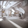 Modern Clothing Store Interior With Spiral Staircase Round Mirrors And Clothing Racks