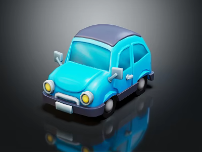 Cute blue cartoon car with dark roof yellow headlights and reflection 3d model