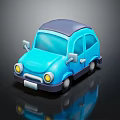Cute blue cartoon car with dark roof yellow headlights and reflection