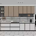 Modern Kitchen Interior With Wooden Cabinets White Countertop Glass Wine Rack And Built in Ovens