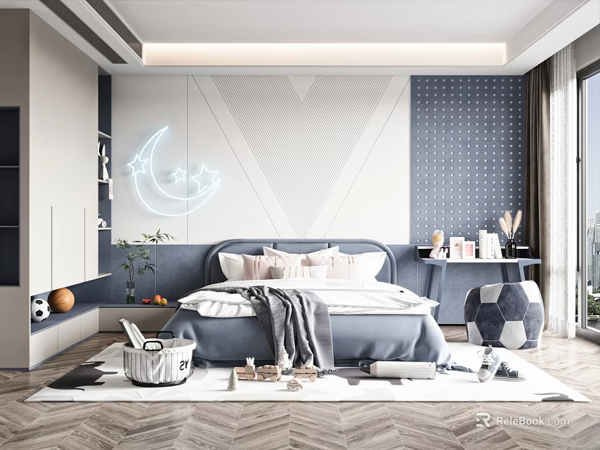 Modern Kids Room Interior With Neon Moon Star Decor Comfortable Bed And Herringbone Floor 3d model 