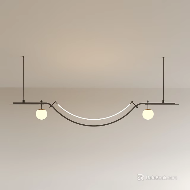 Modern Ceiling Mounted Curved Black Horizontal Bar Chandelier With Two Round Bulbs 3d model