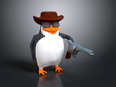 3D Penguin Character Wearing Brown Cowboy Hat Sunglasses Holding Revolver 3d model