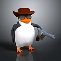 3D Penguin Character Wearing Brown Cowboy Hat Sunglasses Holding Revolver
