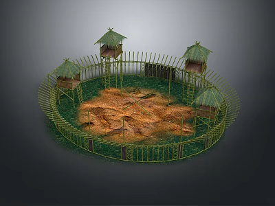 Circular Bamboo Fence Enclosed Area With Thatched Roof Huts And Dirt Ground 3d model