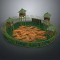 Circular Bamboo Fence Enclosed Area With Thatched Roof Huts And Dirt Ground
