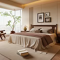 Modern Bedroom Interior With Wooden Bed Large Window Curtains Framed Art And Potted Plant