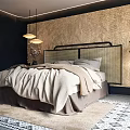 Cozy Double Bed With Woven Headboard Bedding Nightstand Table Lamp And Rug