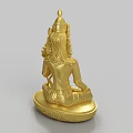 Golden Buddha Sculpture Carving In Sitting Posture With Intricate Headdress Holding Lotus And Carved Base