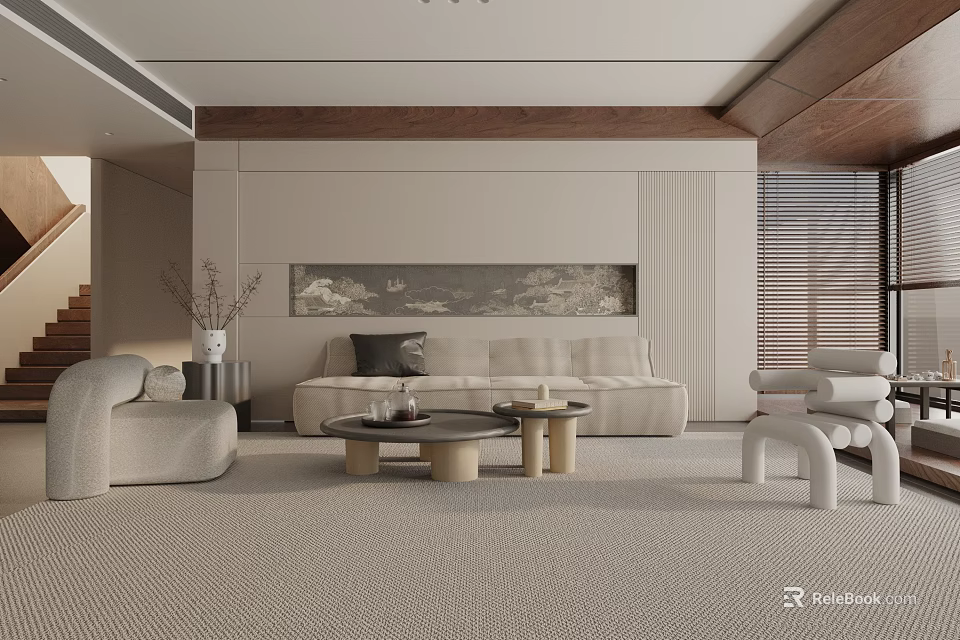 Modern Living Room Interior With Beige Sofa Long Painting Wooden Ceiling Carpet And Coffee Tables 3d model 
