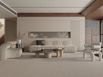 Modern Living Room Interior With Beige Sofa Long Painting Wooden Ceiling Carpet And Coffee Tables 3d model
