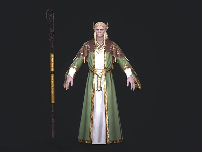 Ancient Elven Mage In Green And White Robe With Intricate Golden Accents And Staff 3d model