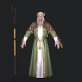 Ancient Elven Mage In Green And White Robe With Intricate Golden Accents And Staff