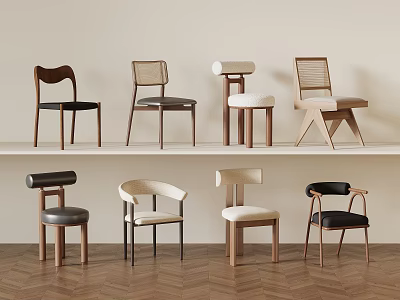 Various Modern Dining Chairs With Wooden Frames And Upholstered Seats On Display Shelf 3d model
