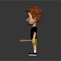 3D Cartoon Boy With Red Hair Wearing Black T Shirt Green Shorts Holding Stick