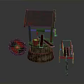 Traditional Architectural Structure With Rusty Roof Stone Mill And Wheelbarrow