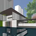 Modern Architectural Building With Pool Reflection Glass Facade And Green Trees 3d model