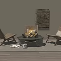 Rattan Lounge Chairs with Stone Coffee Table Fire Decorative Painting Beige Wall Wooden Floor